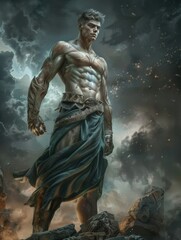 Obraz premium Timeless Stoic Statue An Iconic Marble Sculpture Blending Ancient Greek and Roman Mythology with Stoical Expressionism Showcasing Heroic Strength Resilience and Wisdom in a Celestial Epic Setting