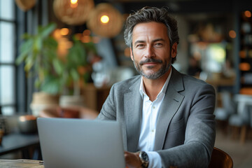 businessman working on laptop in cafe