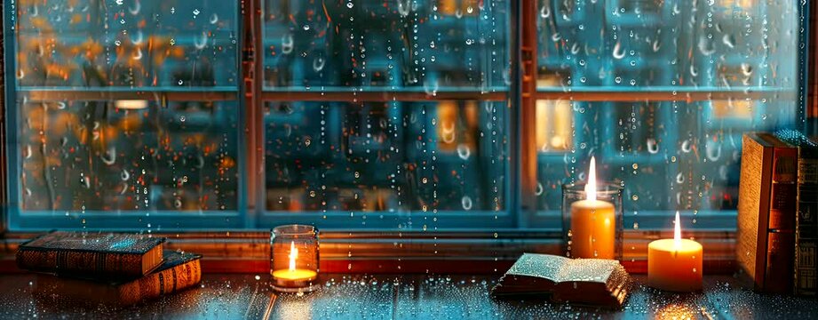 Rain falling on the window, flowing raindrops, candles, the comfortable sound of rain ASMR, books, cozy cafes and study rooms. Seamless looping time-lapse virtual 4k video animation background