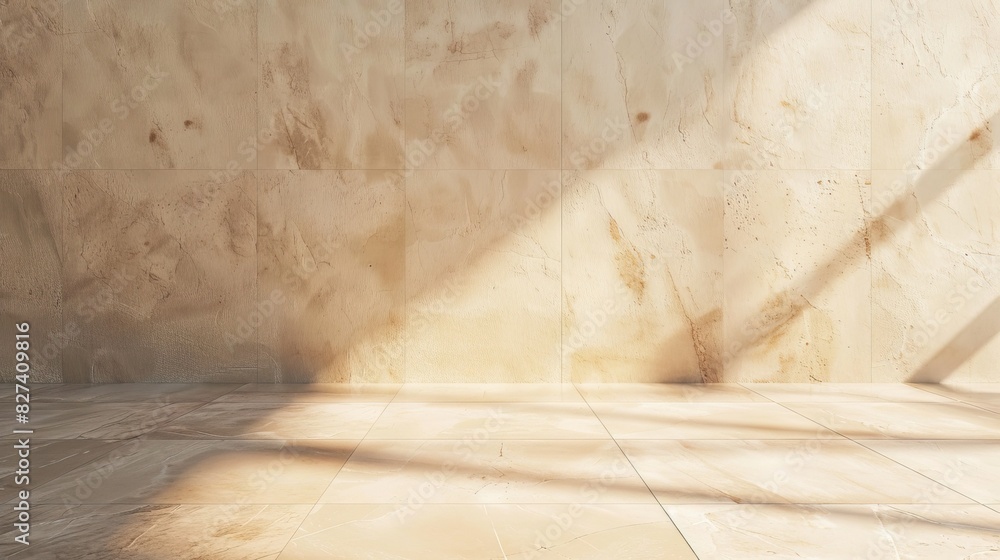 Poster a large empty room with a wall. the room is filled with light and shadows, creating a sense of depth