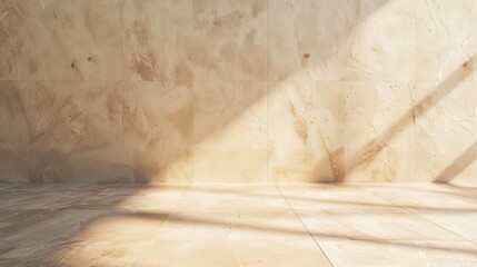 A large empty room with a wall. The room is filled with light and shadows, creating a sense of depth and dimension