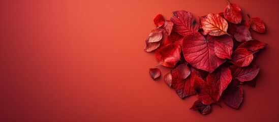 red background with a heart of red rose petals
