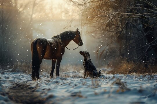 Horses, feeding on grass at high-land pasture at Carpathian Mountains in rays of sunset. Beautiful simple AI generated image in 4K, unique.
