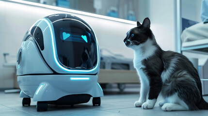 A cat interacts with a futuristic robot in a modern home environment.