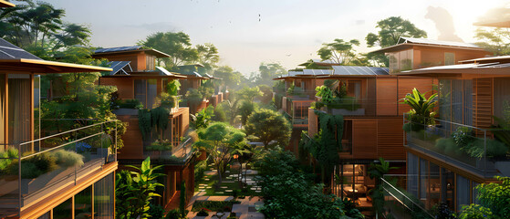 An eco-village featuring homes with solar panel-covered rooftops, all working together to capture sunlight and create a sustainable community power grid