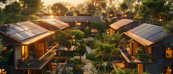 An eco-village featuring homes with solar panel-covered rooftops, all working together to capture sunlight and create a sustainable community power grid