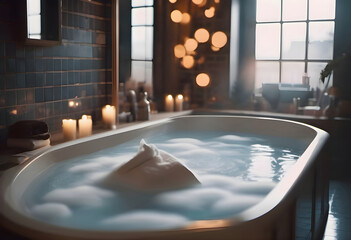 White bathtub with foam and candles in a luxury hotel. Luxury spa - Powered by Adobe
