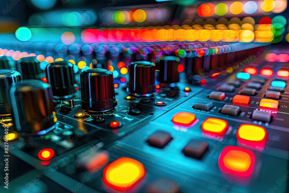 Poster a colorful array of buttons and knobs on a sound board. the buttons are brightly lit and the knobs a