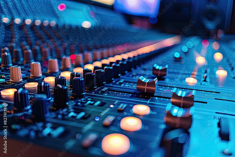 Poster a close up of a sound board with many knobs and buttons. concept of creativity and musicality, as th