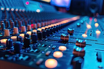Fototapeta premium A close up of a sound board with many knobs and buttons. Concept of creativity and musicality, as the sound board is a crucial tool for musicians and producers to create and manipulate sound
