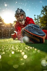 Field hockey goalkeeper gloves block fast shot, freeze action in goal   summer olympics concept