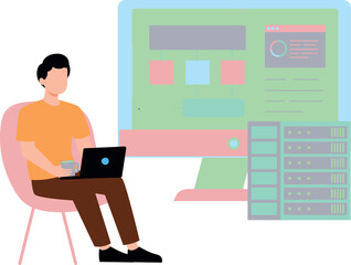 The boy is working on the laptop.