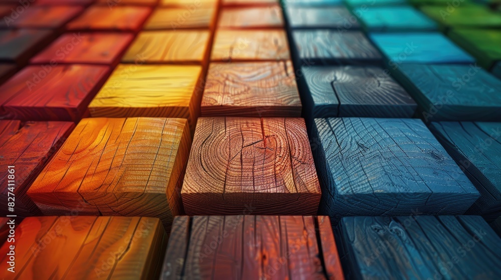 Poster a colorful image of wooden blocks with a rainbow pattern. the blocks are arranged in a grid, with ea