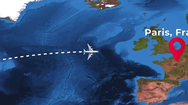International flight travel route from New York to Paris on worlds map in 4K