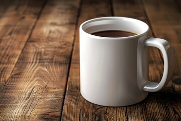 A white coffee mug sits on a wooden table. The mug is empty and the table is made of wood