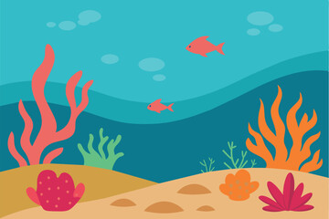 An underwater world with a variety of marine elements. A sandy bottom with hills in the background, and the water changes its color from light blue to dark blue, indicating depth.