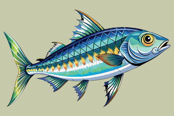 Fototapeta premium Illustration of a brightly colored fish on an abstract background. It has scale in shades of blue, green and orange colors, as well as fins and tail of different shades.