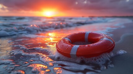 Vivid sunset over a tranquil beach with a red lifebuoy on the wet sand, providing a sense of safety and peace at the coast.