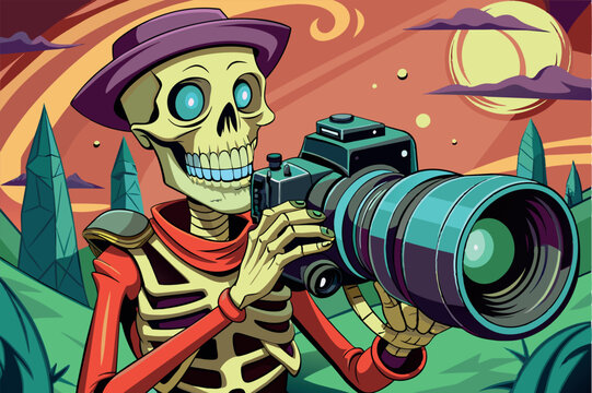 A skeleton holding a camera with a large lens. He smiles and shoots a photograph. In the background is a stylized landscape with green crystalline structures, undulating hills