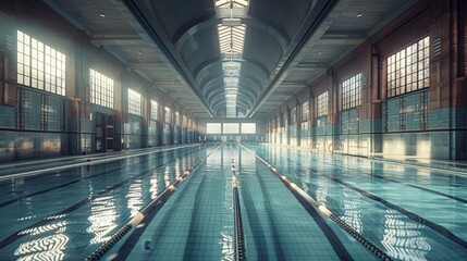 A serene indoor swimming pool with clear blue water and soft natural light streaming through large windows, creating a peaceful ambiance.