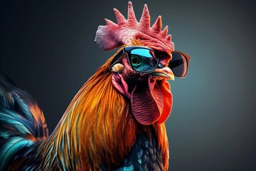 A close up of a rooster wearing sunglasses. Perfect for farm or animal-themed designs. Beautiful simple AI generated image in 4K, unique.