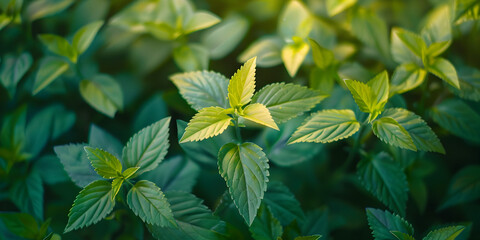 Green peppermint leaves in the garden natural The raspberry Young green foliage illuminated by sunlight closeup Young green leaves illuminated by a sunbeam on a blurred background.