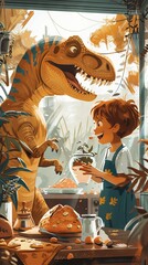 A child and a friendly dinosaur enjoy baking together in a whimsical, vibrant kitchen, surrounded by plants and sunlight.