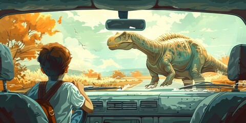 A child gazes at a dinosaur from inside a car, creating a surreal blend of past and present in a vibrant, fantastical scene.