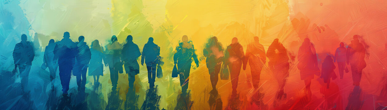 The watercolor painting shows a group of colorful people walking towards a brighter future.