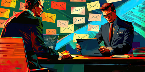 Business Email Compromise: A graphic depicting a business email compromise scam, where fraudsters impersonate company executives to trick employees into transferring money or sensitive information