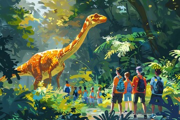 A group of children exploring a lush, vibrant forest encounters a towering dinosaur under the dappled sunlight.