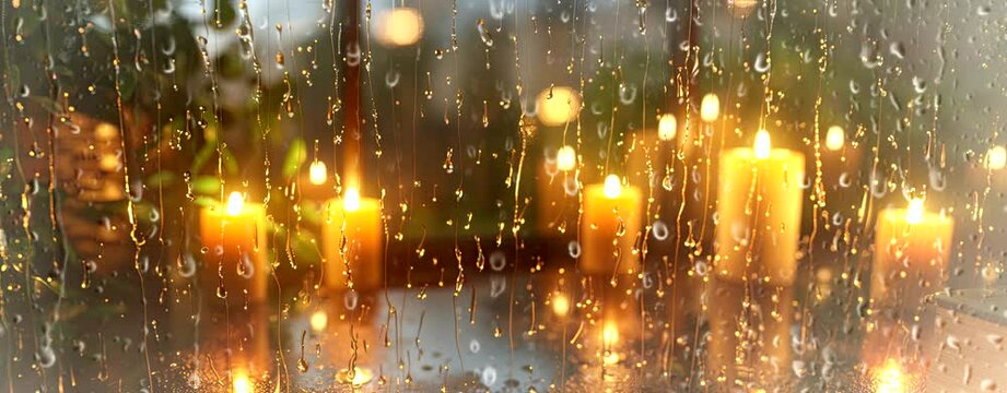 Rain falling on the window, flowing raindrops, candles, the comfortable sound of rain ASMR, books, cozy cafes and study rooms. Seamless looping time-lapse virtual 4k video animation background