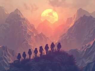 A group of hikers silhouetted against a stunning sunset in the mountains, capturing the spirit of adventure and natural beauty.