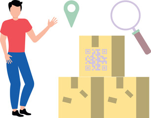 Boy searching parcel by barcode.