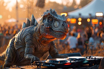 A lifelike dinosaur DJing at an outdoor party with a vibrant crowd and lights in the background.