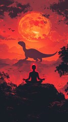 A silhouette of a person meditating at sunset with a dinosaur and a bright moon in the background, creating a surreal and calm atmosphere.