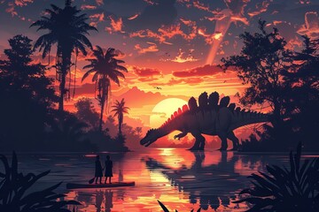 A stunning digital art piece featuring a dinosaur at sunset by a lake, with silhouetted trees and people in the foreground.
