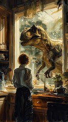 A young woman is standing in a kitchen at night, looking out the window at a dinosaur peering in. Surreal, imaginative scene.