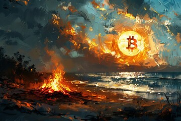 Abstract artwork depicting a Bitcoin symbol in a vibrant, fiery sunset over a calm beach with a bonfire, symbolizing cryptocurrency energy.