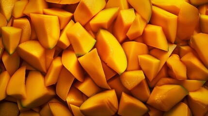 Overhead Perspective of Vibrant Mango Chunks Stacked in a Pile
