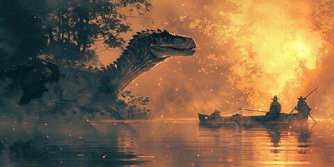 Adventurers in a boat encounter a massive dinosaur in a misty, fiery light, blending fantasy and nature in a surreal scene.