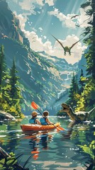 Adventurers kayaking in a scenic river surrounded by dinosaurs flying and roaming, with towering mountains and lush forests in the background.