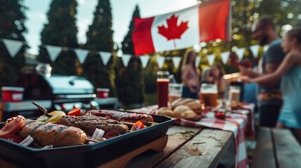 Backyard BBQ party in celebration of Canada Day with festive dec