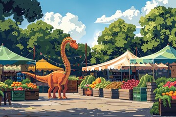 A whimsical scene of a dinosaur at a vibrant outdoor market with fresh produce and colorful tents under a sunny sky.