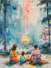 Beautiful watercolor painting of a family enjoying a serene forest picnic, surrounded by trees and ethereal light.