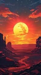 Breathtaking sunset over a rocky desert landscape with a bright full moon rising, creating a stunning natural spectacle.