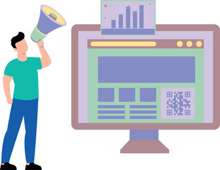 The boy is marketing through a megaphone.