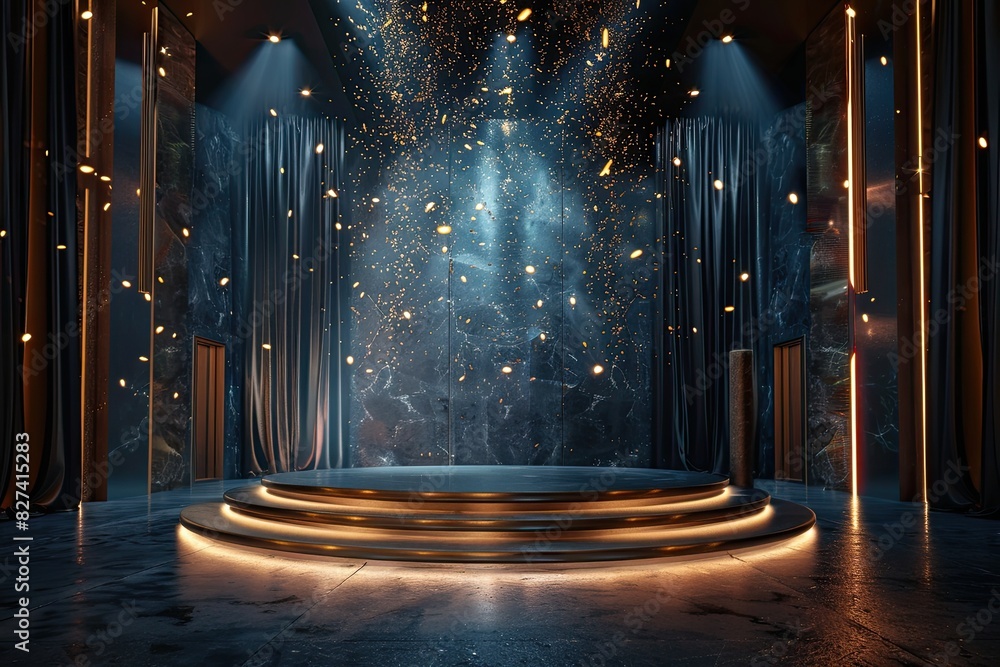 Poster a dark room with a stage and a curtain. the curtain is open and there are sparks falling from the ce