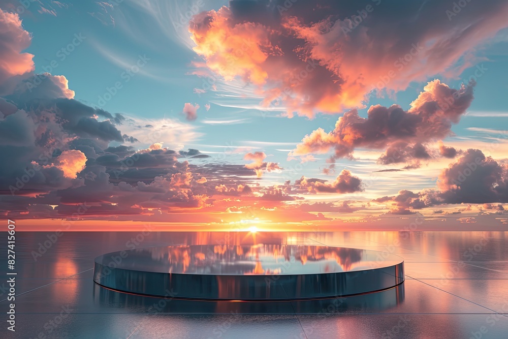 Poster a large silver circular structure is reflected in the water. the sky is filled with clouds and the s