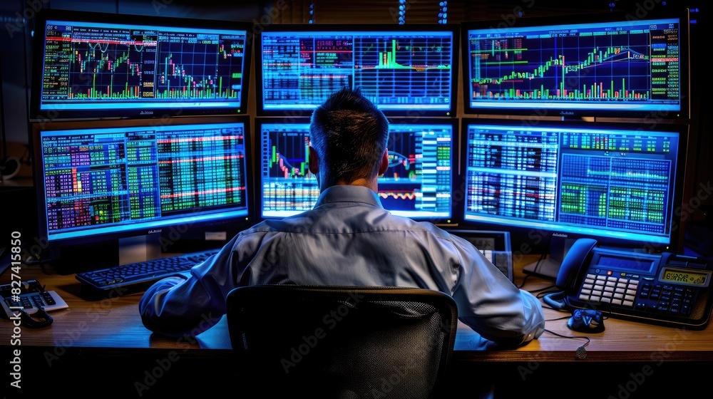 Poster a man is sitting at a desk with four computer monitors in front of him. he is focused on the screens